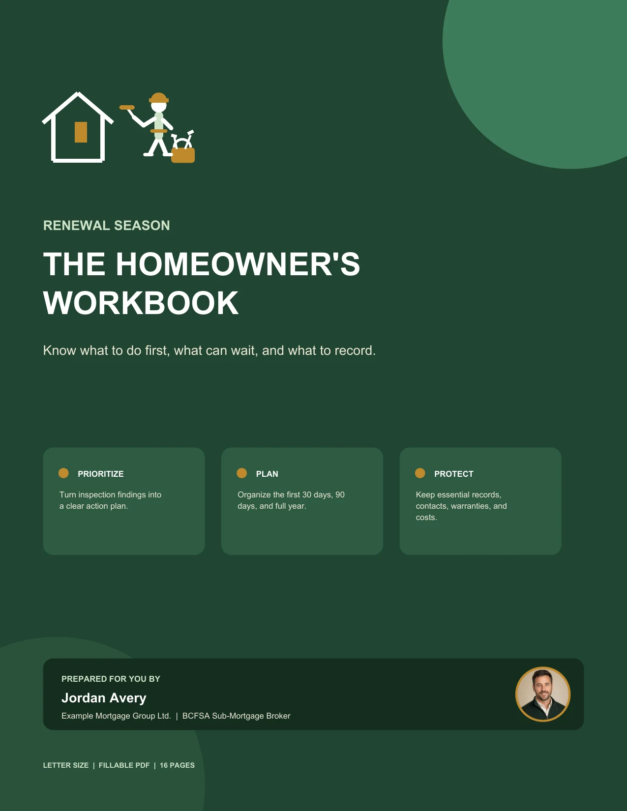 Fictional Renewal Season workbook cover prepared by mortgage broker Jordan Avery, including a circular headshot